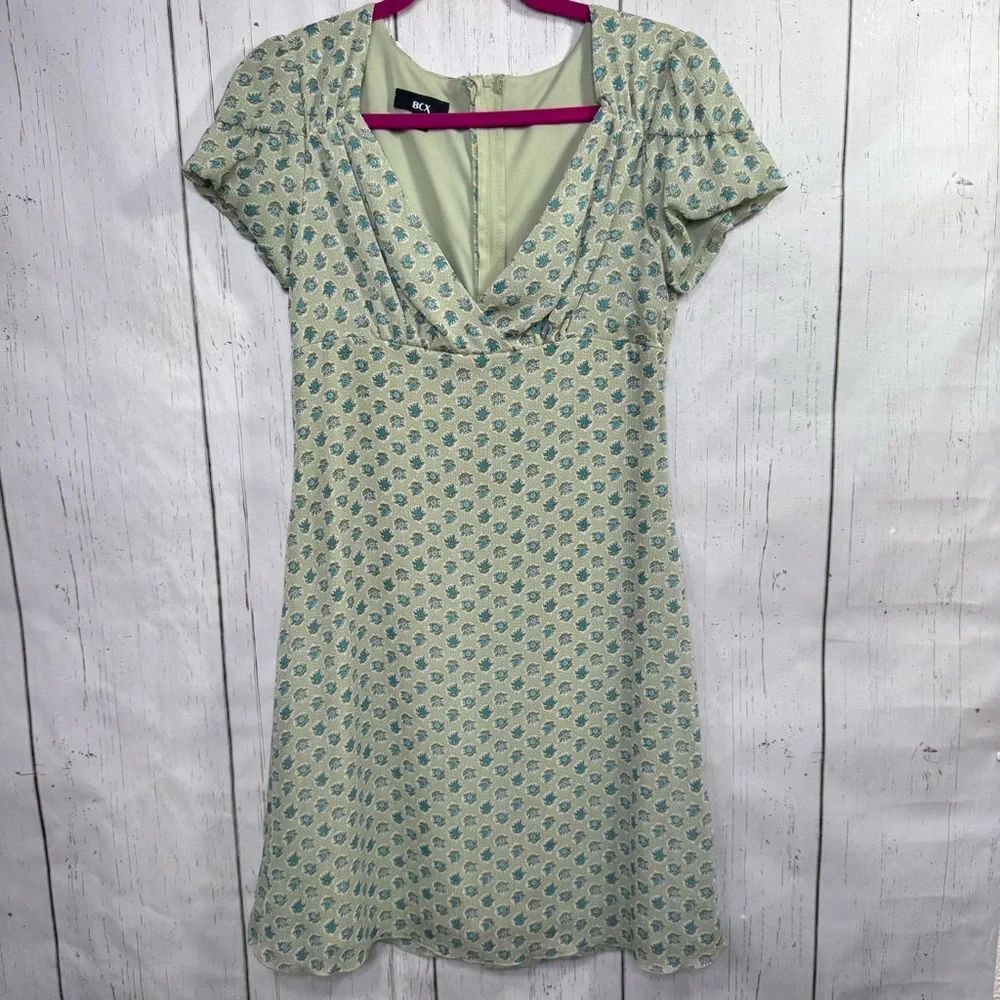 BCX Green Floral Mini Dress Size 9 Vintage Y2K Cottagecore Feminine Soft Girl